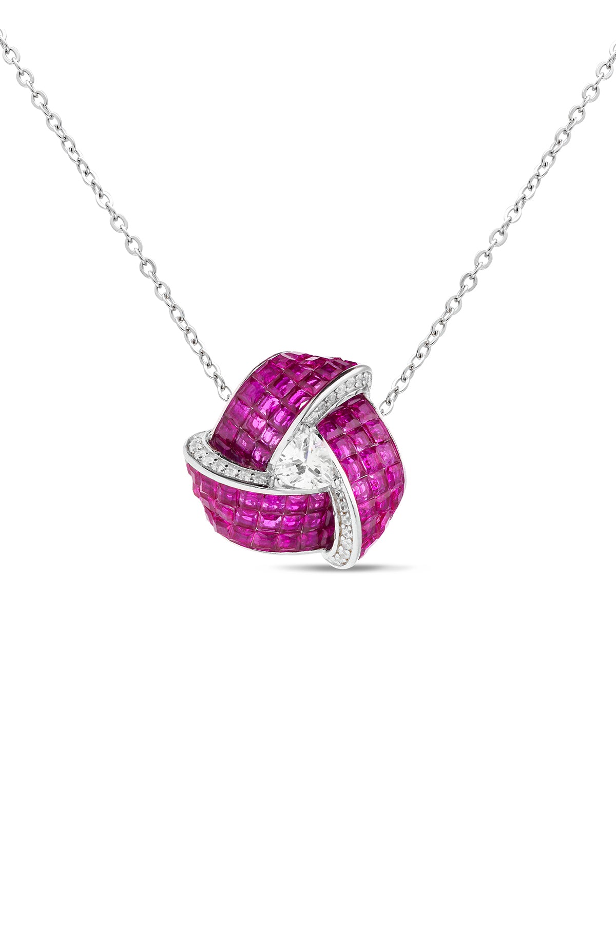 Enchanted Ruby Triad Blossom Pendant with Chain