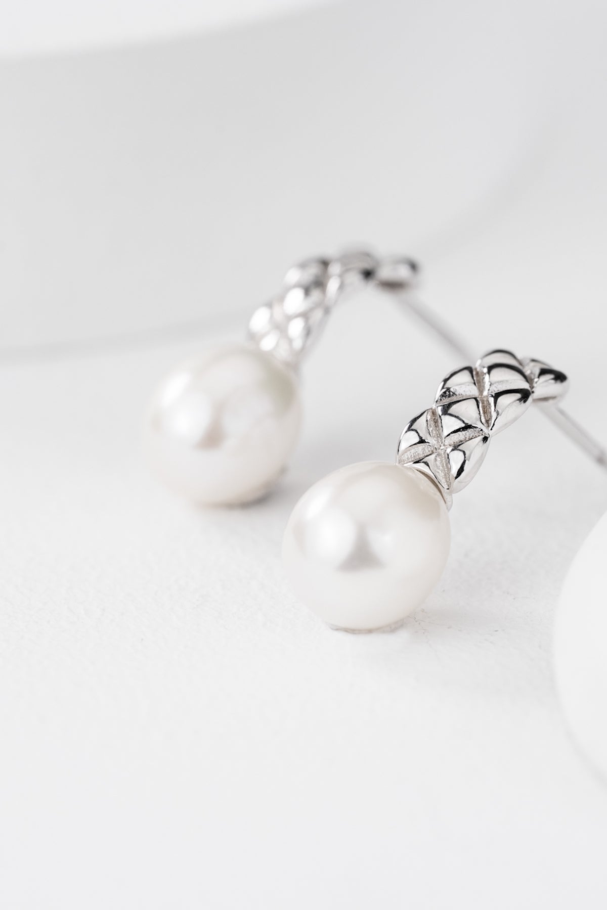 Quilted Silver Pearl Drop Earrings