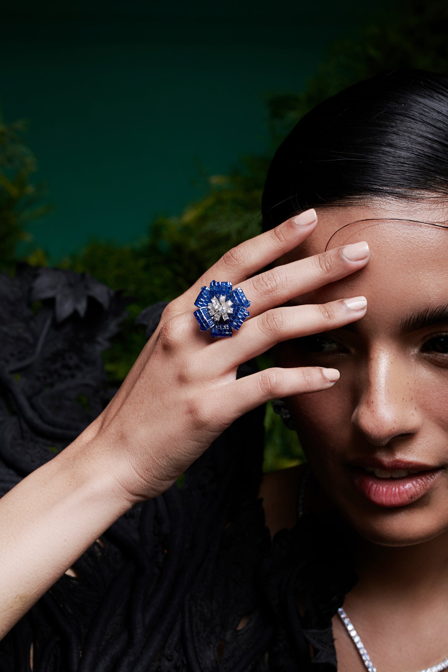 Mystical  Blue Sapphire Petal Cascade Ring