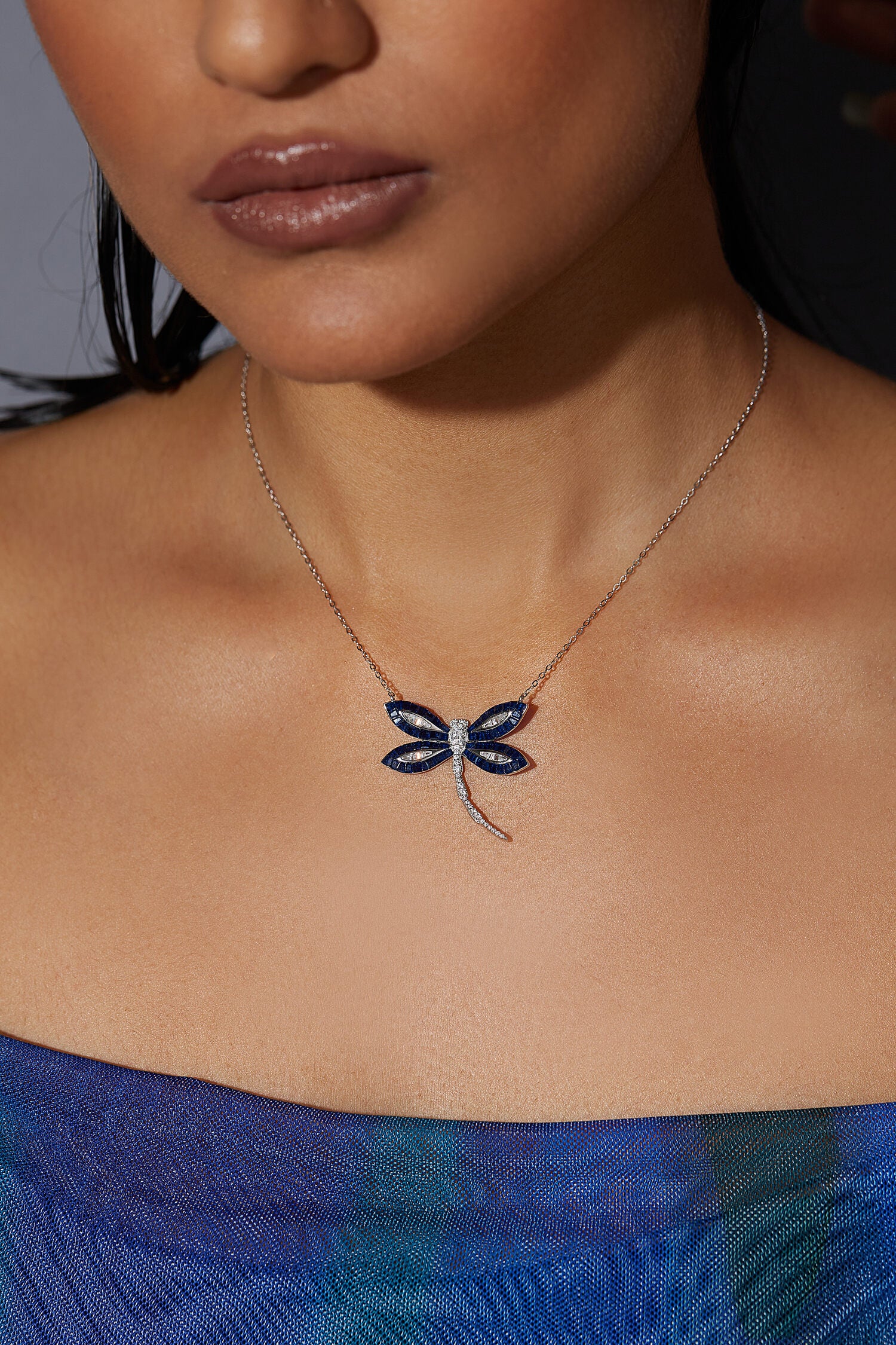 Woodland Blue sapphire Dragonfly Pendant with Chain