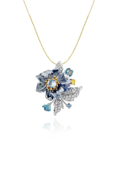 Blue Magnolia Bloom Pendant With Chain