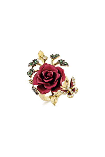 Red Whimsical Winged Rose Cocktail Ring
