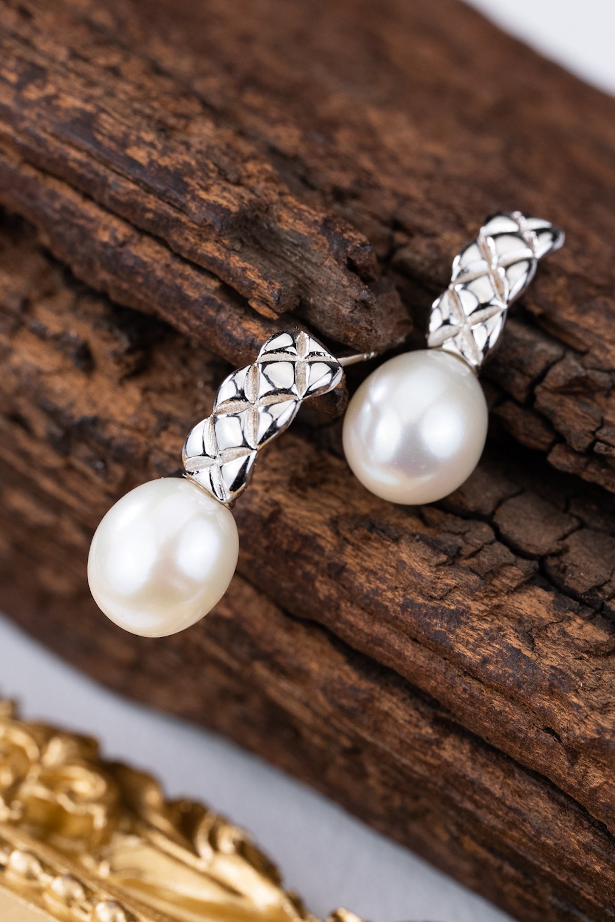 Quilted Silver Pearl Drop Earrings
